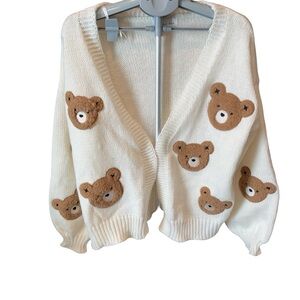Threaded Leaf Cute White Cardigan with Bear Patches